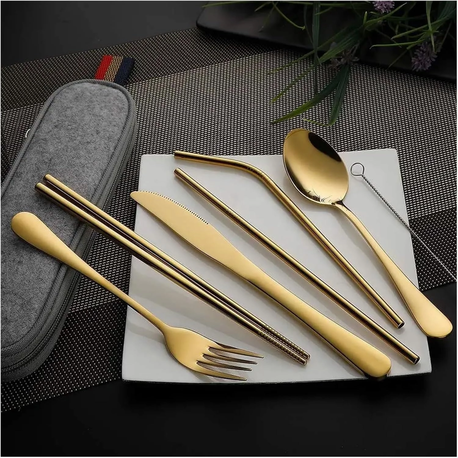 travel utensils 8Pcs/set Tableware Reusable Travel Cutlery Set Camp Utensils Set with stainless steel Spoon Fork(Silver)