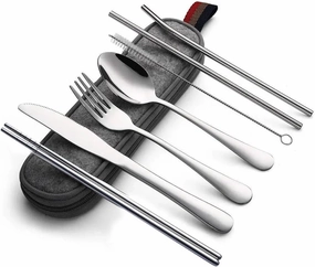 travel utensils 8Pcs/set Tableware Reusable Travel Cutlery Set Camp Utensils Set with stainless steel Spoon Fork(Silver)
