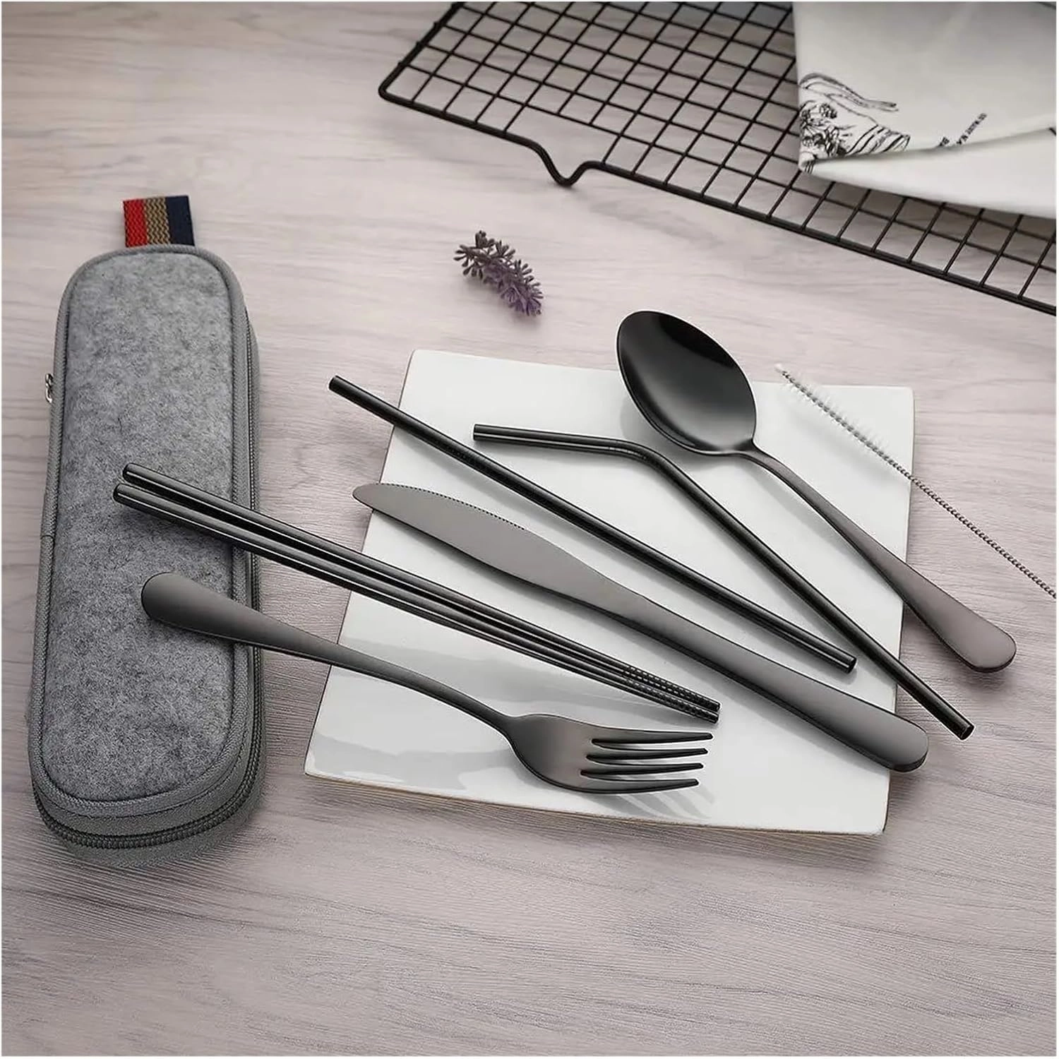 travel utensils 8Pcs/set Tableware Reusable Travel Cutlery Set Camp Utensils Set with stainless steel Spoon Fork(Silver)