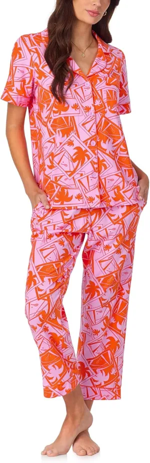 Trina Turk Womens Short Sleeve Notch Collar & Cropped Pants Sleepwear Pajama Set, Organic Cotton