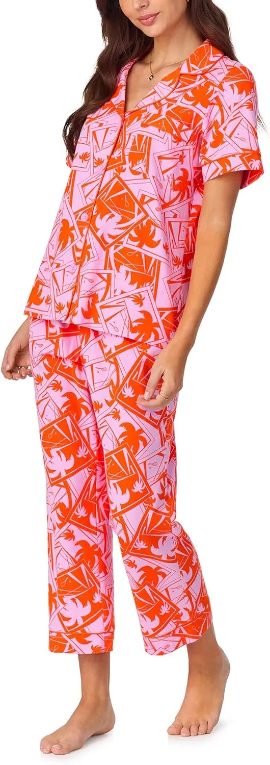 Trina Turk Womens Short Sleeve Notch Collar & Cropped Pants Sleepwear Pajama Set, Organic Cotton