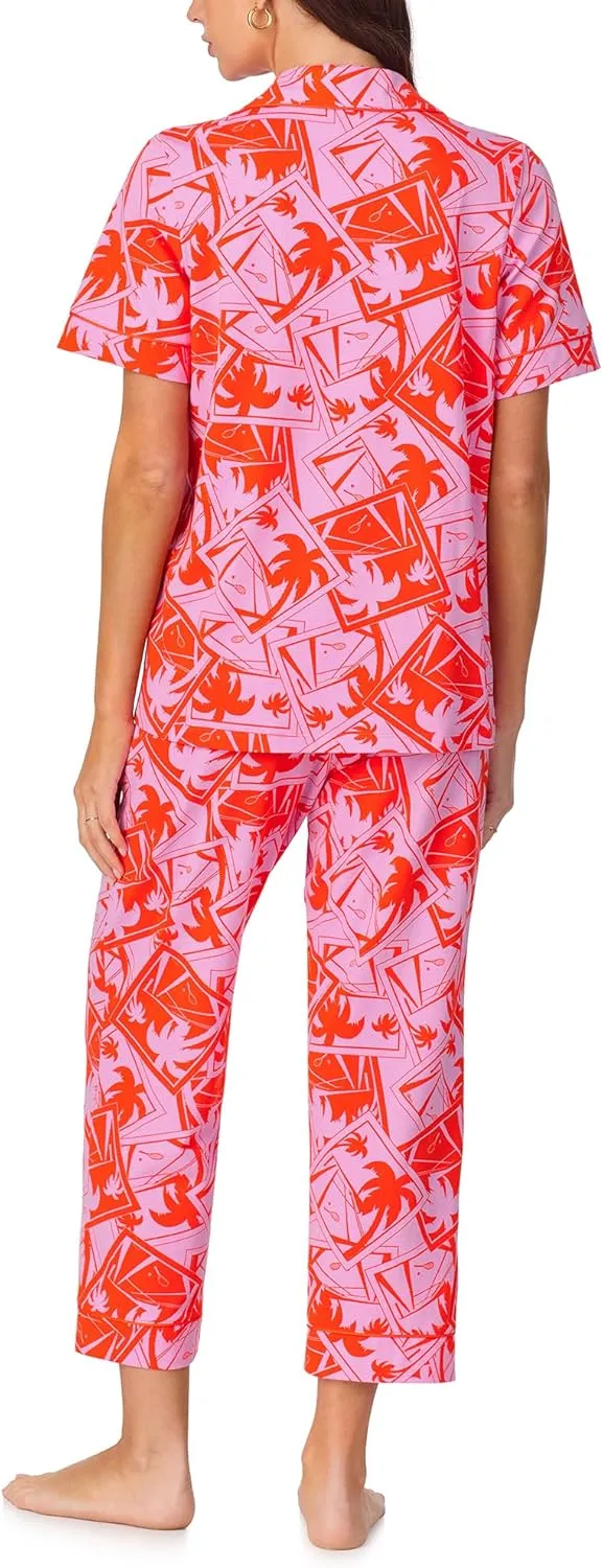 Trina Turk Womens Short Sleeve Notch Collar & Cropped Pants Sleepwear Pajama Set, Organic Cotton