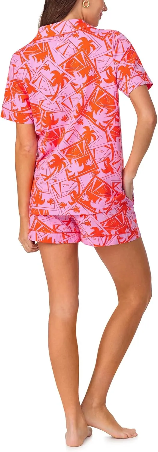 Trina Turk Womens Short Sleeve Notch Collar & Shorts Sleepwear Pajama Set, Organic Cotton