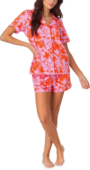 Trina Turk Womens Short Sleeve Notch Collar & Shorts Sleepwear Pajama Set, Organic Cotton