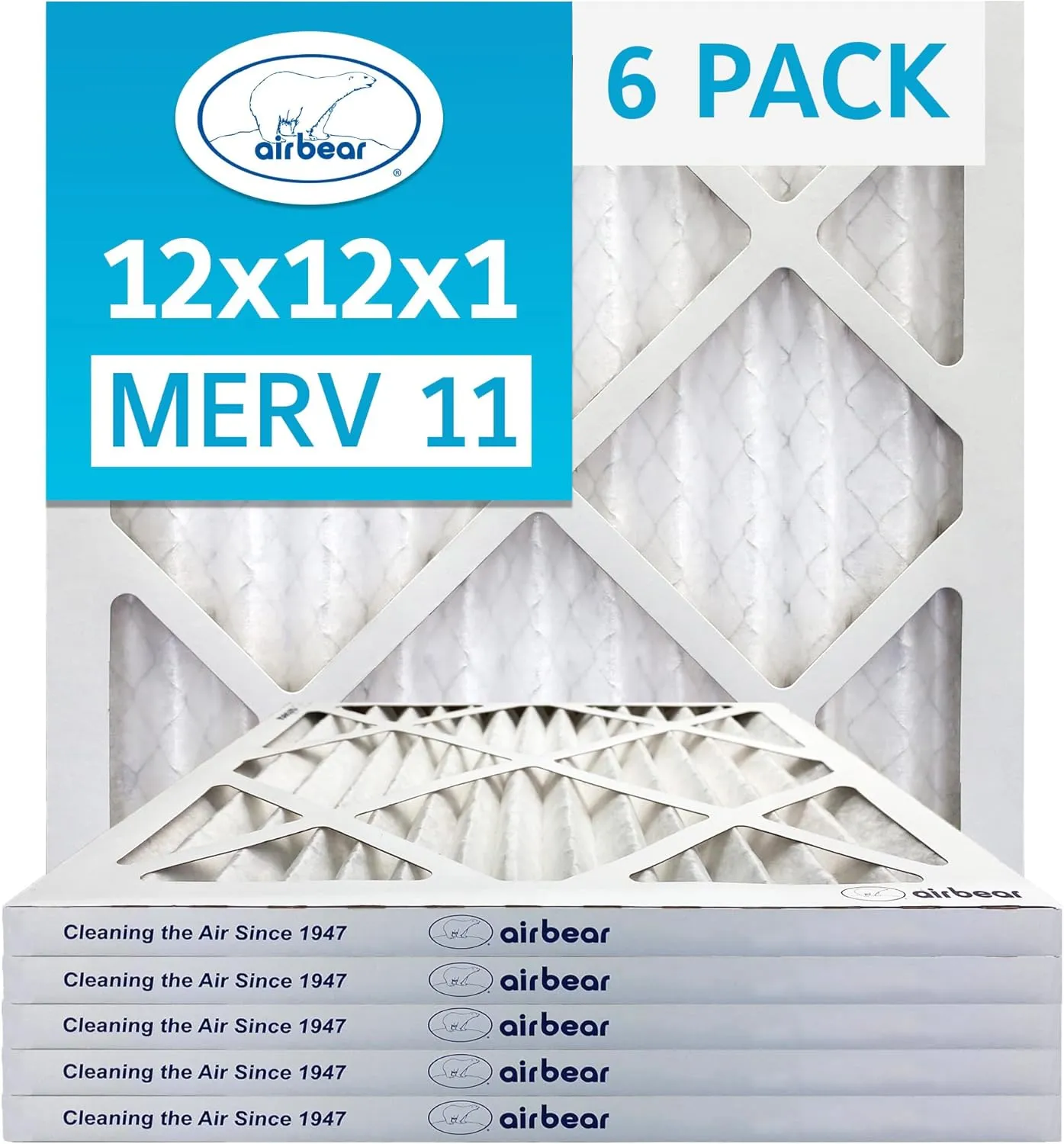TRION Air Bear 12x12x1 Air Filter MERV 11 (6-Pack), Pleated HVAC Air Filters Replacement (Actual Size: 11.50 x 11.50 x 0.75 Inches)