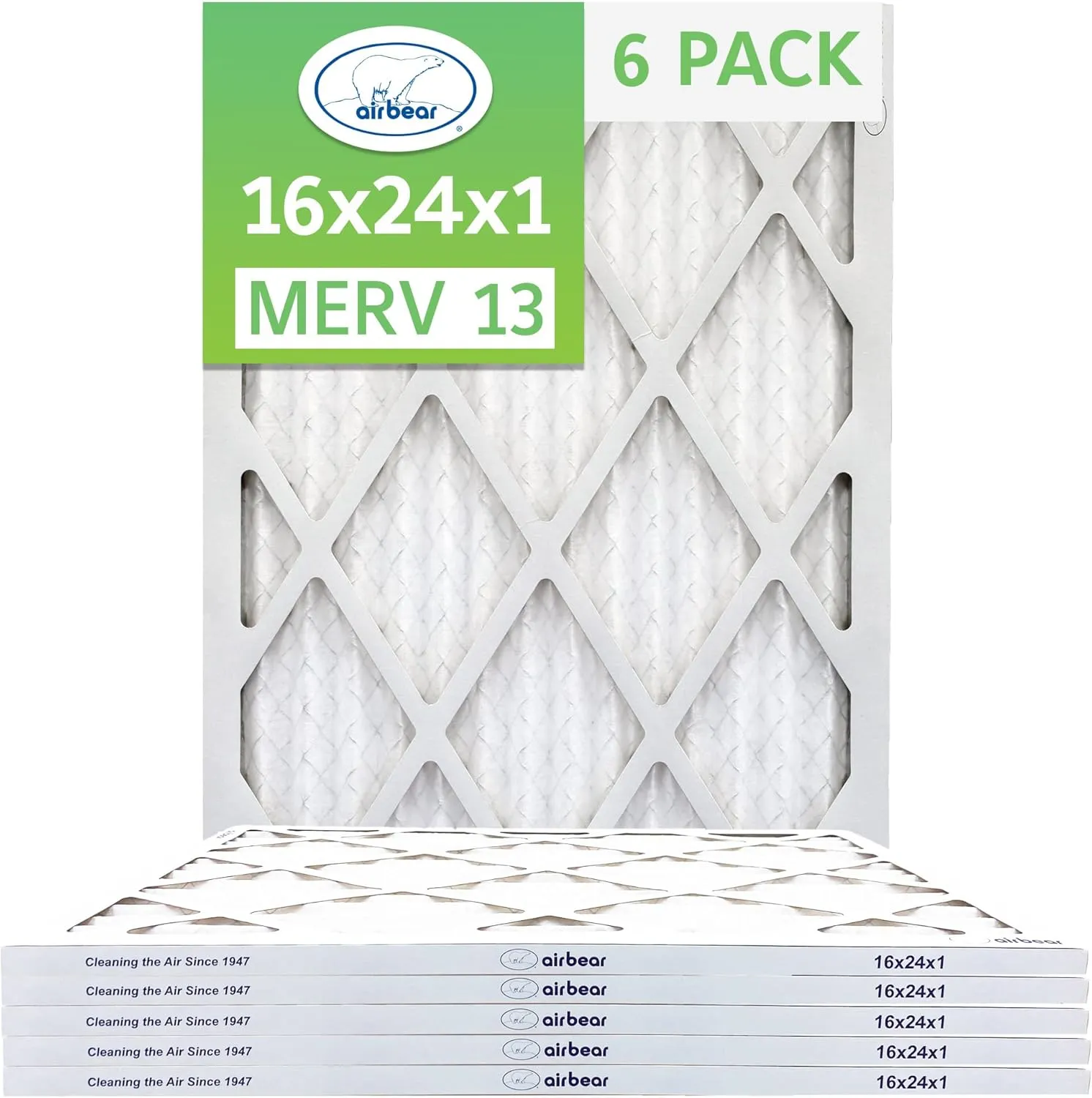 TRION Air Bear 16x24x1 Air Filter MERV 13 (6-Pack), Pleated HVAC Air Filter Replacement (Actual Size: 15.50 x 23.50 x 0.75 Inches)