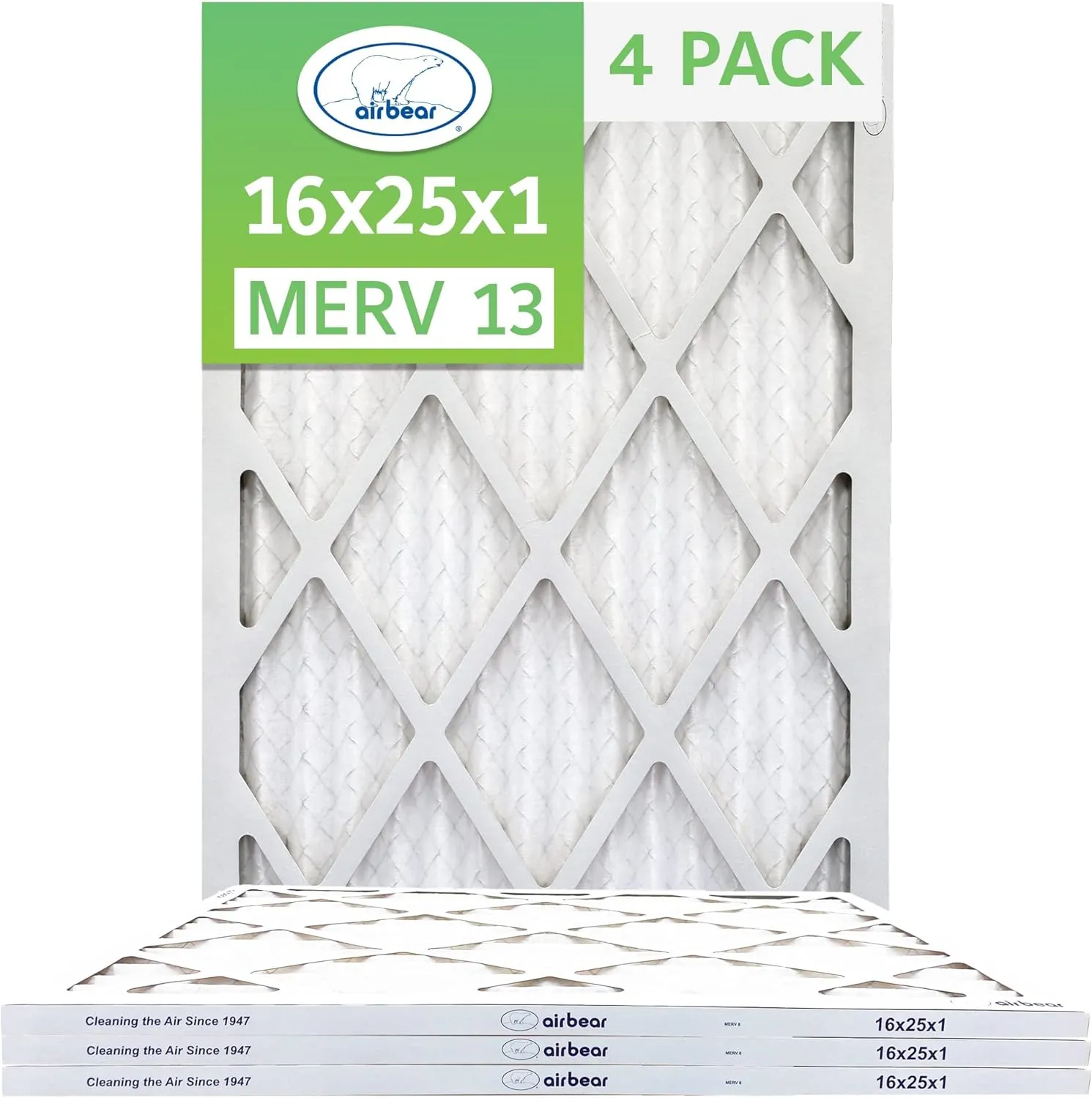 TRION Air Bear 16x25x1 Air Filter MERV 13 (4-Pack), Pleated HVAC Air Filter Replacement (Actual Size: 15.50 x 24.50 x 0.75 Inches)