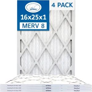 TRION Air Bear 16x25x1 Air Filter MERV 8 (4-Pack), Pleated HVAC Air Filters Replacement (Actual Size: 15.50 x 24.50 x 0.75 Inches)
