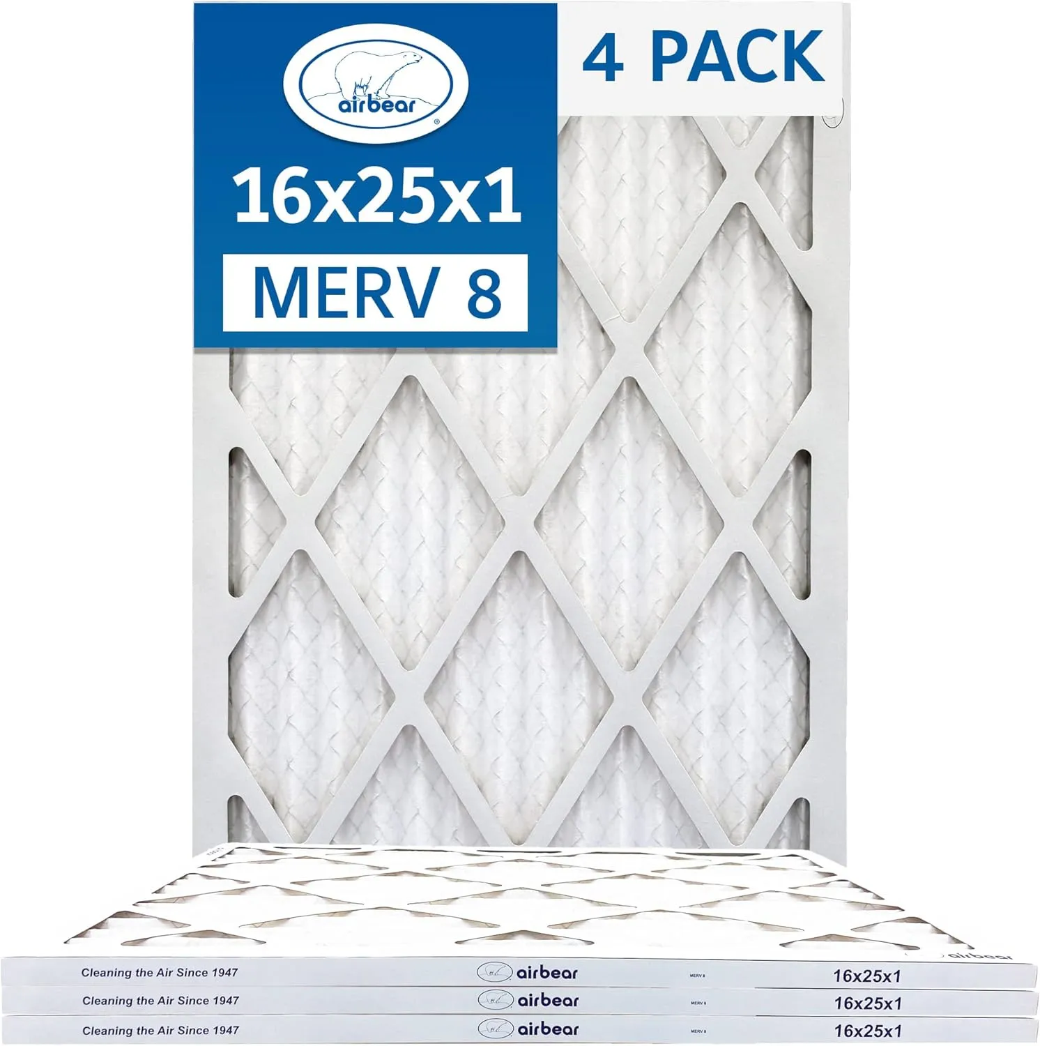 TRION Air Bear 16x25x1 Air Filter MERV 8 (4-Pack), Pleated HVAC Air Filters Replacement (Actual Size: 15.50 x 24.50 x 0.75 Inches)