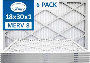TRION Air Bear 18x30x1 Air Filter MERV 8 (6-Pack), Pleated HVAC Air Filters Replacement (Actual Size: 17.50 x 29.50 x 0.75 Inches)