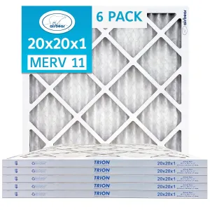 Trion MERV 11 Air Bear 20 x 20 x 1" High Efficiency High Dust Holding Capacity Pleated HVAC Filter with Durable Double Wall Frame Design, 6 Pack