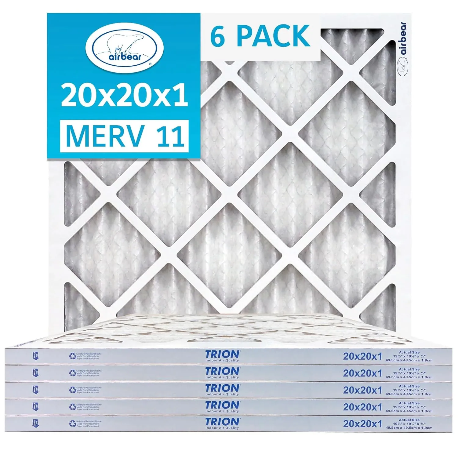 Trion MERV 11 Air Bear 20 x 20 x 1" High Efficiency High Dust Holding Capacity Pleated HVAC Filter with Durable Double Wall Frame Design, 6 Pack