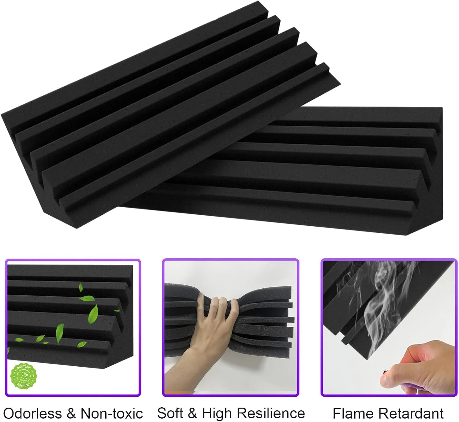 TroyStudio Bass Traps - 12 Pcs 4 X 4 X 12 Inches Dense Thick Studio Bass Foam Corner, Acoustic Treatment Panel Absorbing Echo Reverb, Low Frequency Sound Absorber for Music Room Home Recording Studio