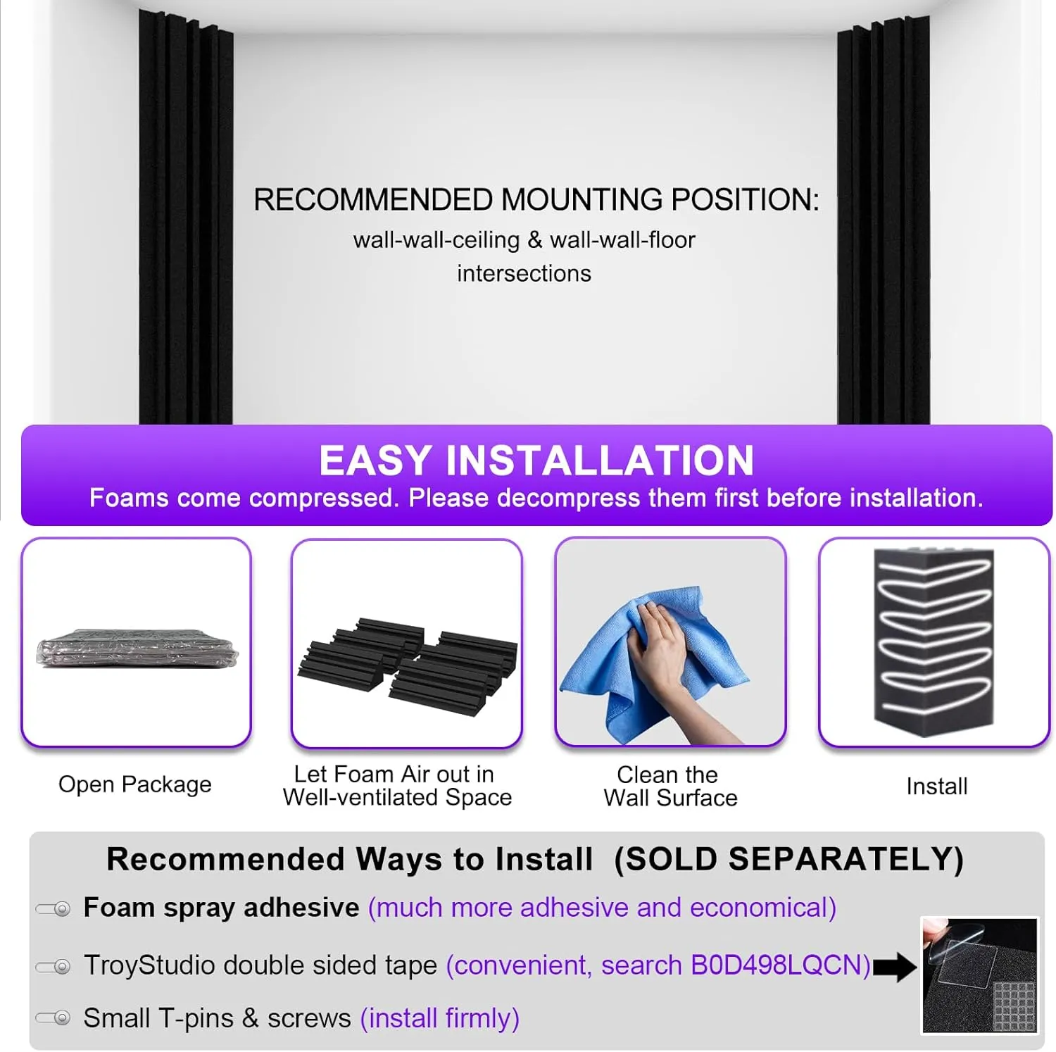 TroyStudio Bass Traps - 12 Pcs 4 X 4 X 12 Inches Dense Thick Studio Bass Foam Corner, Acoustic Treatment Panel Absorbing Echo Reverb, Low Frequency Sound Absorber for Music Room Home Recording Studio