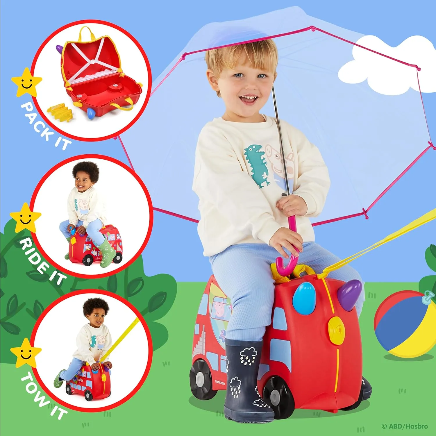 Trunki x Peppa Pig Ride-On Kids Suitcase - Carry-on Approved Kids Luggage, 18L Kids Travel Bag, Kids Suitcases on Wheels for Girls and Boys, Lightweight Cabin Hand Luggage with Tow Strap