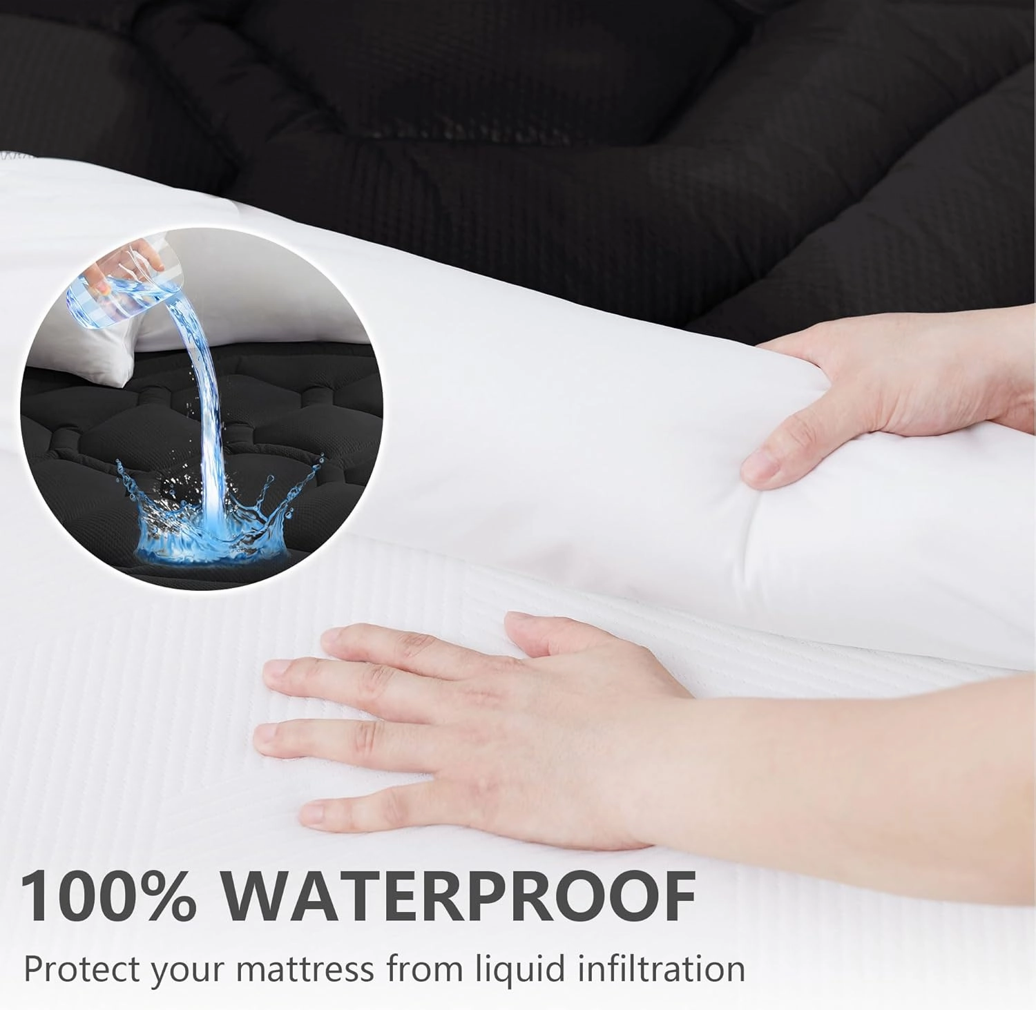 Twin Size Mattress Pad Waterproof, Pillow Top Cooling Twin Mattress Topper for Single Bed, Pee Proof Mattress Protector Cover Quilted Fitted with 8-21" Deep Pocket (39x75 inch, Black)