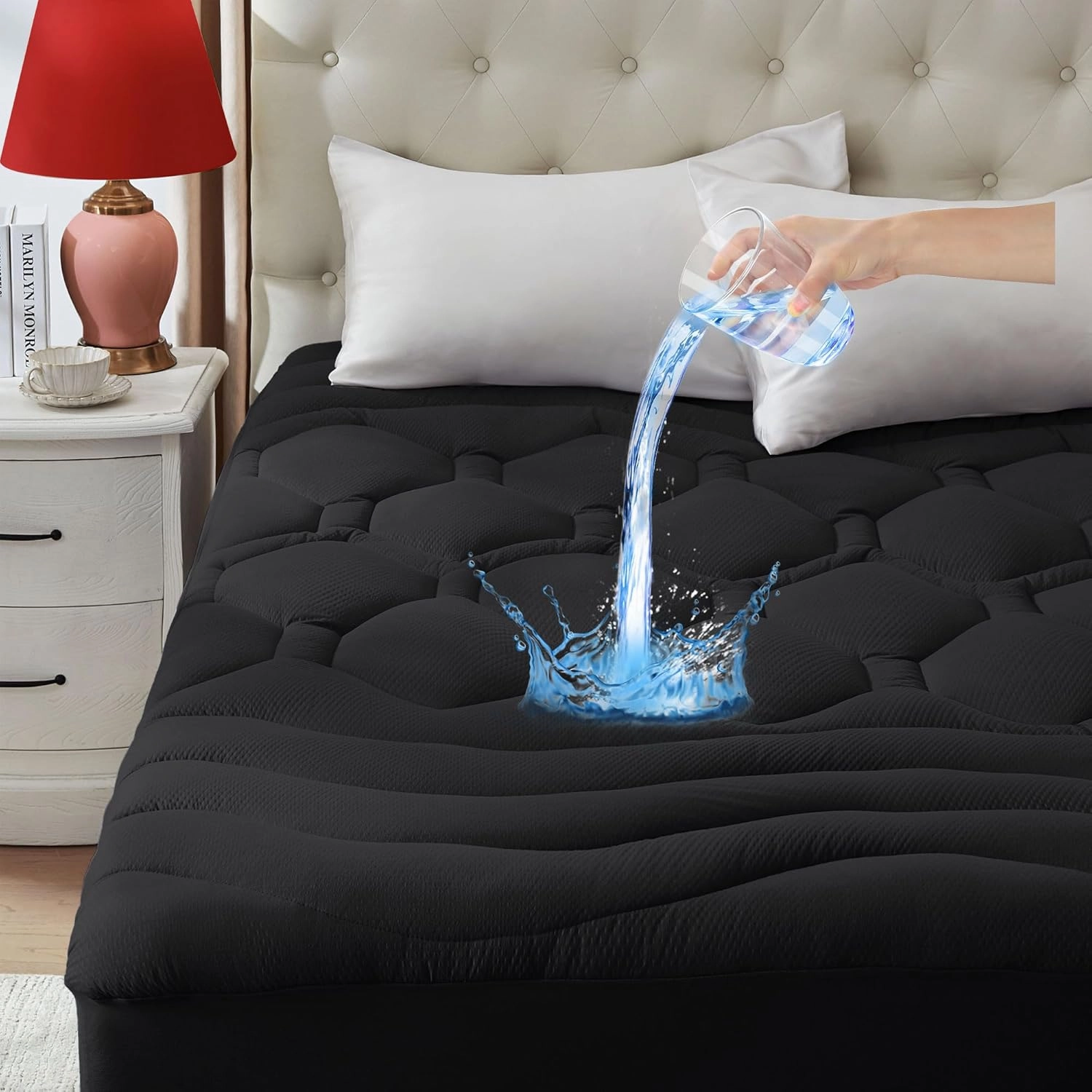 Twin Size Mattress Pad Waterproof, Pillow Top Cooling Twin Mattress Topper for Single Bed, Pee Proof Mattress Protector Cover Quilted Fitted with 8-21" Deep Pocket (39x75 inch, Black)