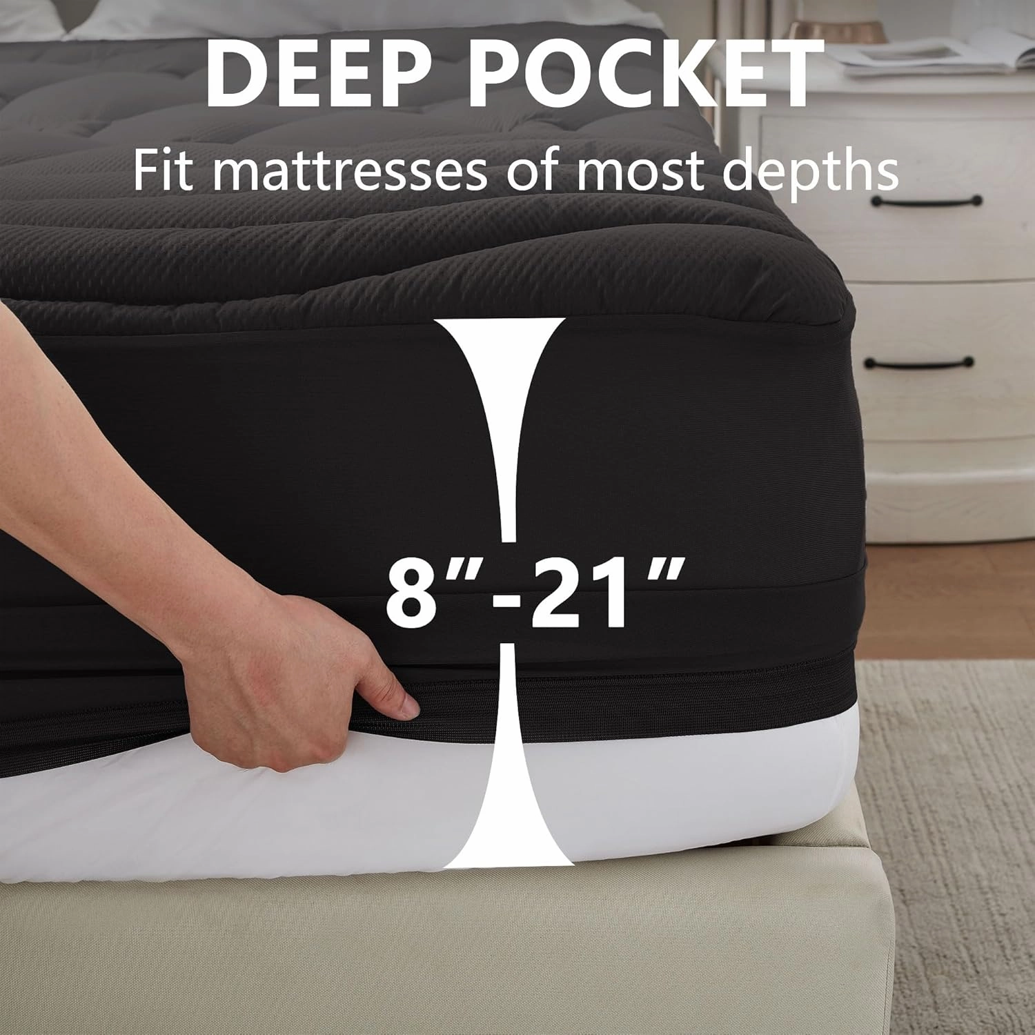 Twin Size Mattress Pad Waterproof, Pillow Top Cooling Twin Mattress Topper for Single Bed, Pee Proof Mattress Protector Cover Quilted Fitted with 8-21" Deep Pocket (39x75 inch, Black)