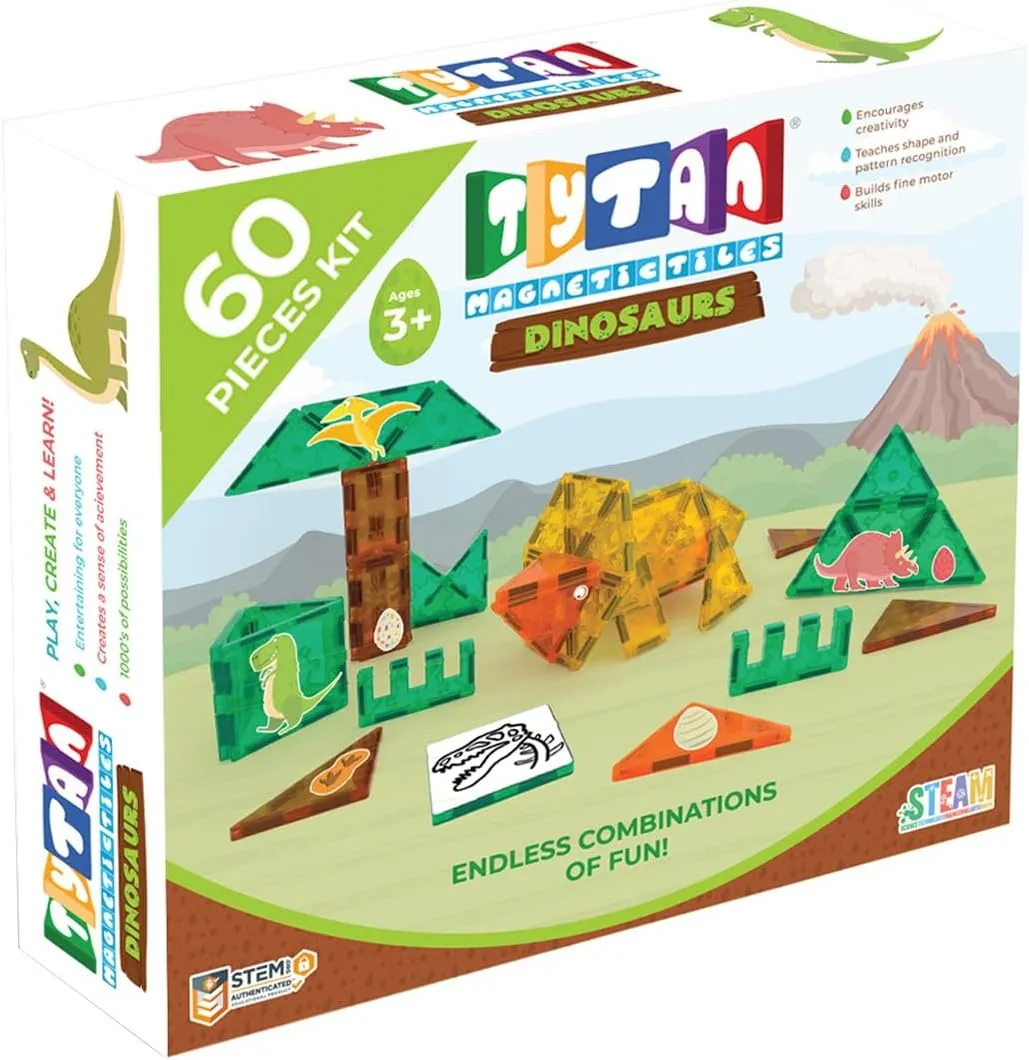 Tytan TILES Dinosaurs 60-Piece Magnetic Tiles Building Set, Dino Safari Land Kids’ STEM Toy, Creative Play, Shape & Pattern Recognition, Fine Motor Skills, includes Storage Bag, Ages 3 and Up