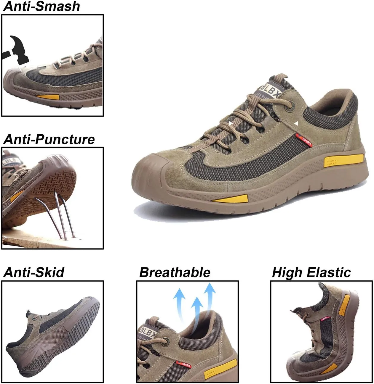U-lite Steel Toe Safety Work Shoes for Men, Pigskin Knitted Anti-Smash Indestructible Industrial Construction Shoes
