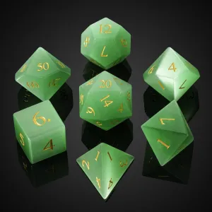 UDIXI Natural Gemstone DND Dice Set, 7PCS Handmade Crystal Stone Dice Set D&D for Dungeons and Dragons Role Playing Game and Tabletop Games (Green Cat's Eye)
