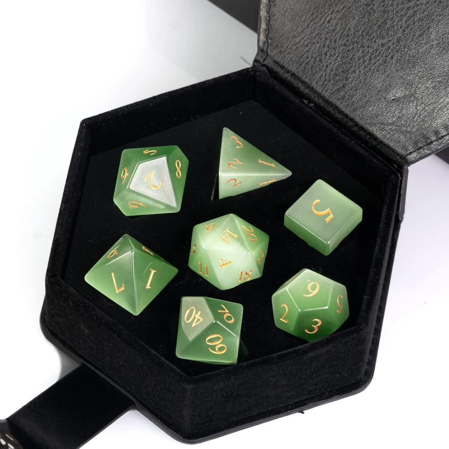 UDIXI Natural Gemstone DND Dice Set, 7PCS Handmade Crystal Stone Dice Set D&D for Dungeons and Dragons Role Playing Game and Tabletop Games (Green Cat's Eye)