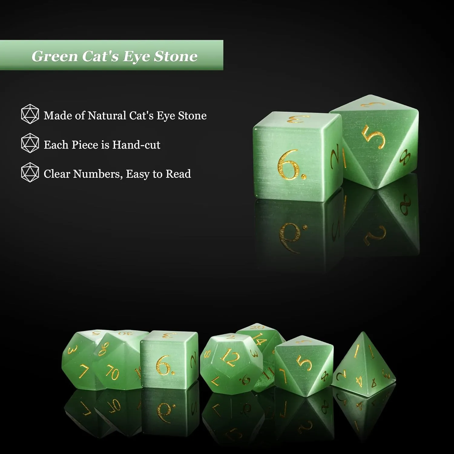UDIXI Natural Gemstone DND Dice Set, 7PCS Handmade Crystal Stone Dice Set D&D for Dungeons and Dragons Role Playing Game and Tabletop Games (Green Cat's Eye)