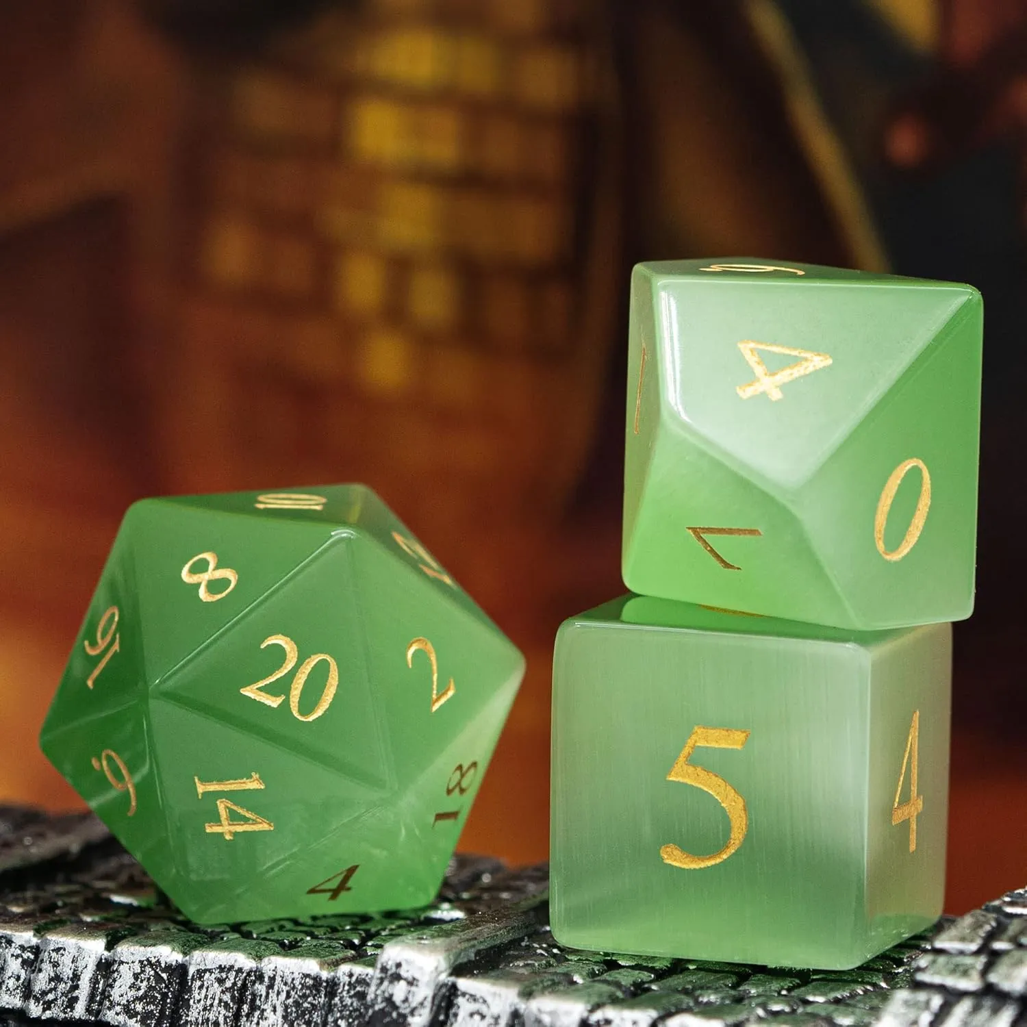 UDIXI Natural Gemstone DND Dice Set, 7PCS Handmade Crystal Stone Dice Set D&D for Dungeons and Dragons Role Playing Game and Tabletop Games (Green Cat's Eye)