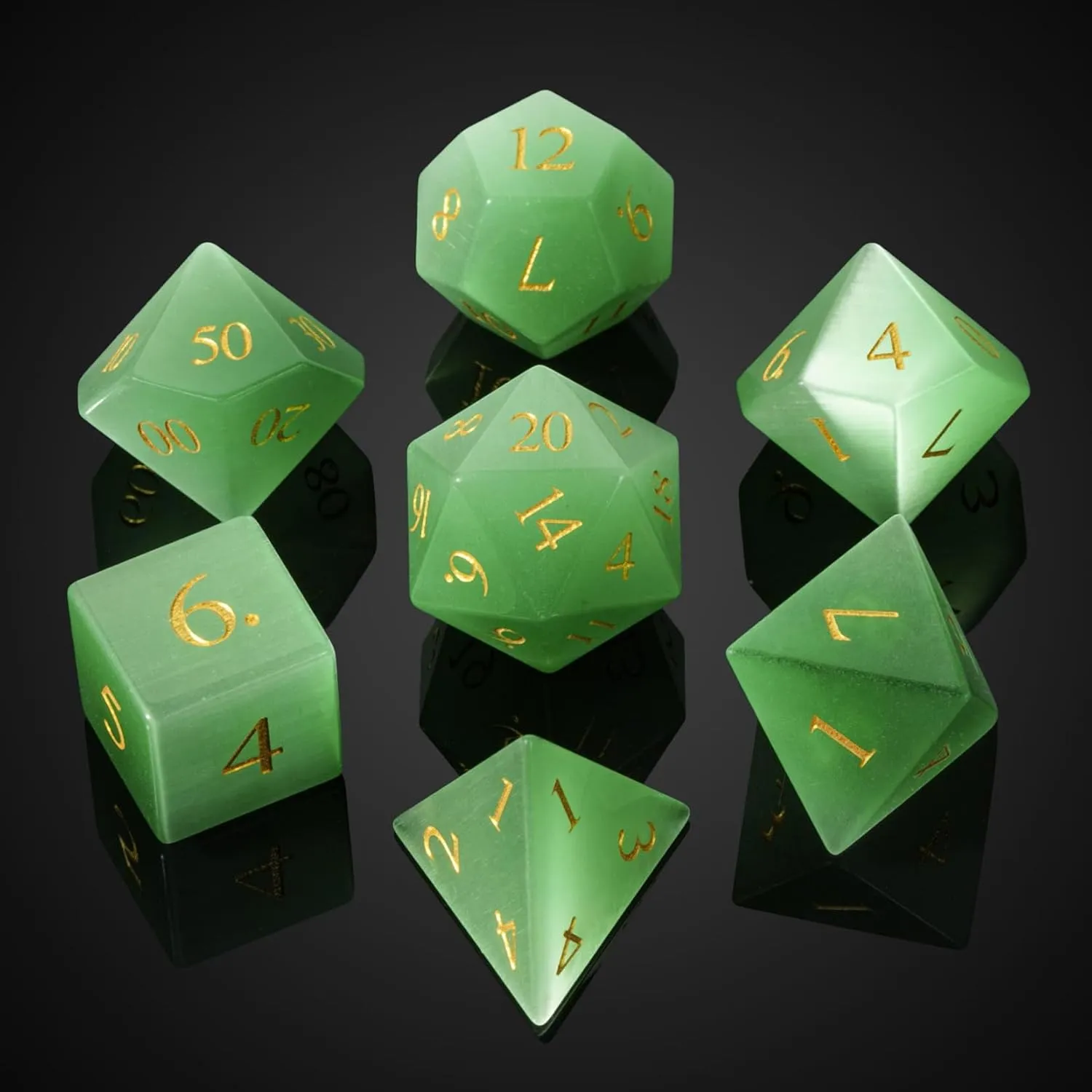 UDIXI Natural Gemstone DND Dice Set, 7PCS Handmade Crystal Stone Dice Set D&D for Dungeons and Dragons Role Playing Game and Tabletop Games (Green Cat's Eye)