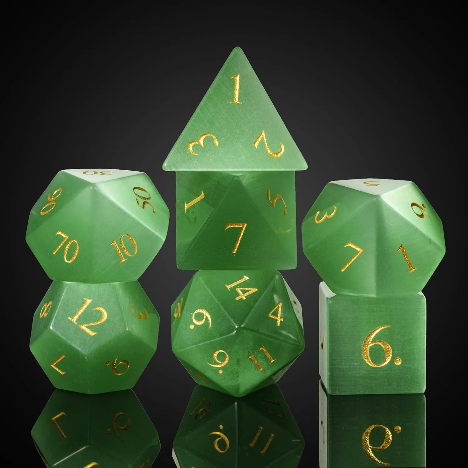 UDIXI Natural Gemstone DND Dice Set, 7PCS Handmade Crystal Stone Dice Set D&D for Dungeons and Dragons Role Playing Game and Tabletop Games (Green Cat's Eye)