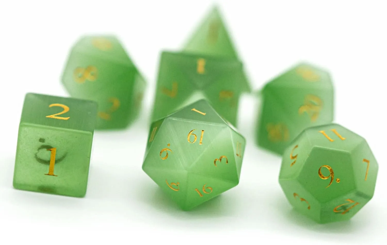 UDIXI Natural Gemstone DND Dice Set, 7PCS Handmade Crystal Stone Dice Set D&D for Dungeons and Dragons Role Playing Game and Tabletop Games (Green Cat's Eye)