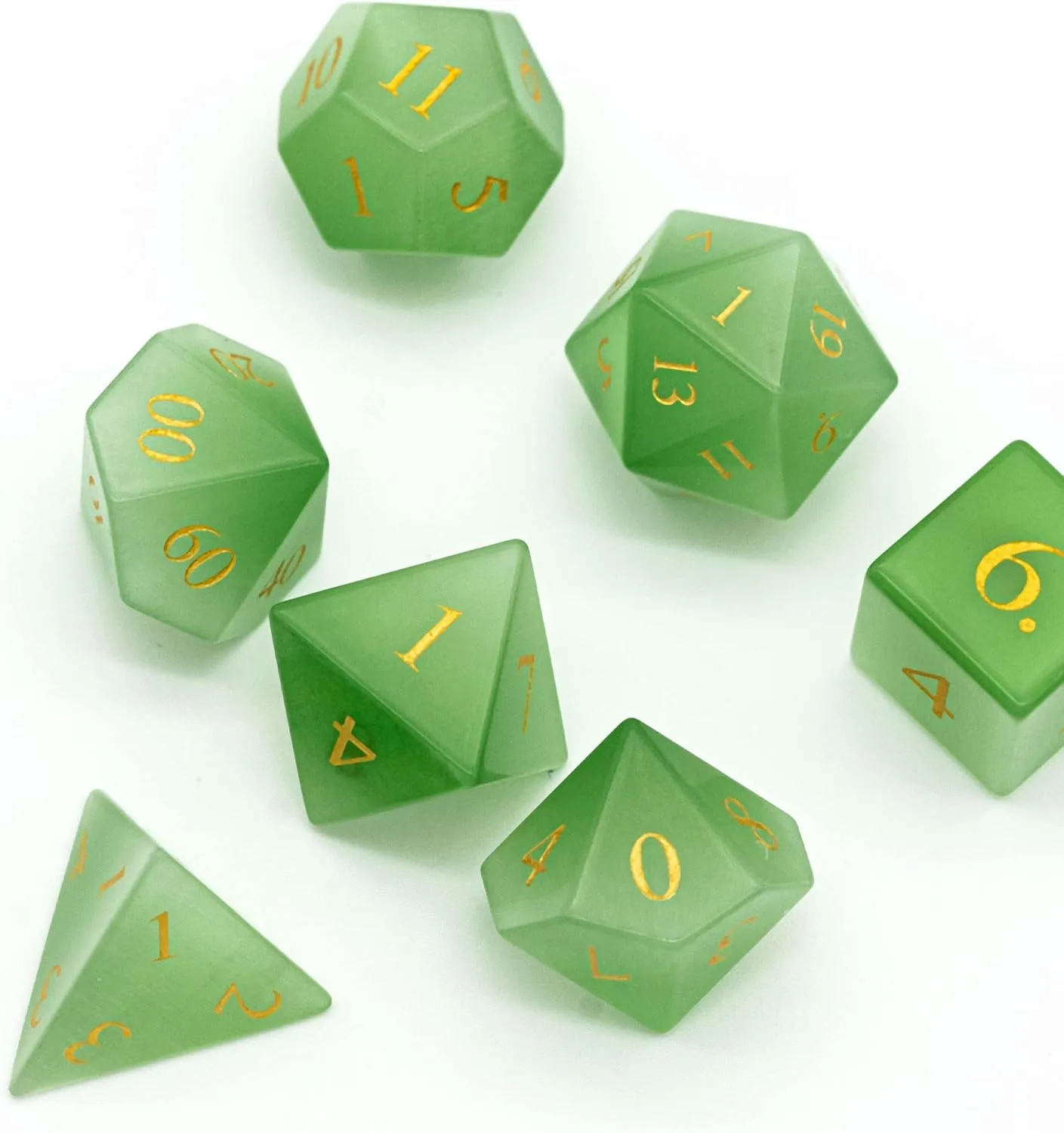 UDIXI Natural Gemstone DND Dice Set, 7PCS Handmade Crystal Stone Dice Set D&D for Dungeons and Dragons Role Playing Game and Tabletop Games (Green Cat's Eye)