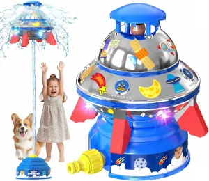 UFO Water Rocket Sprinkler for Kids – LED Light-Up 360° Spin & Hydraulic Spray | Outdoor Summer Water Rocket Sprinkler Toy, Backyard Pool Play & STEM Birthday Gift for Boys Girls Ages 3 