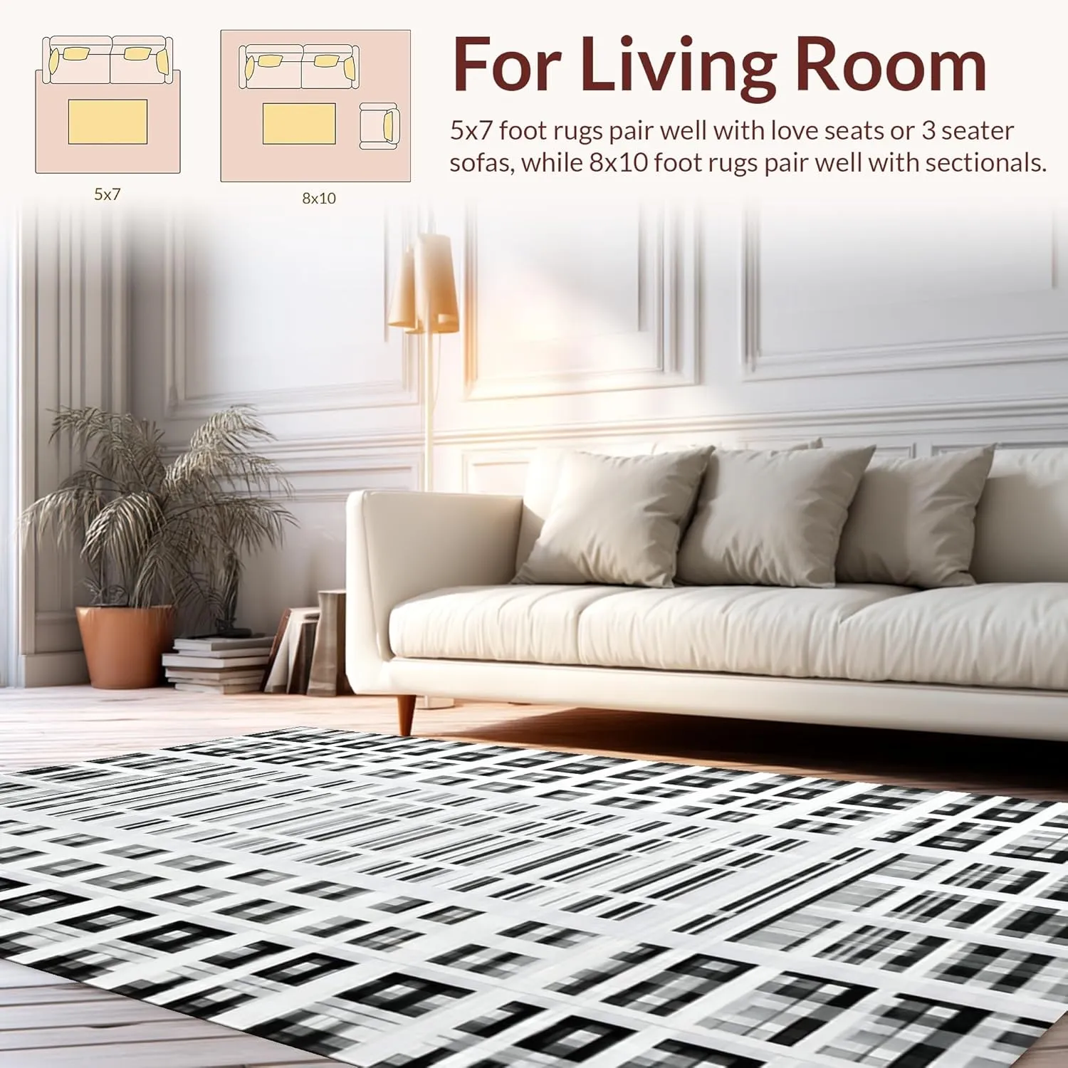 Ultra Soft Area Rug 3x5, Non Slip, Stain Resistant, Washable Area Rugs for Living Room, Bedroom, Striped Rug with Contemporary Black-White Patterned Lines and Graphic Edge (Gray, 3x5)