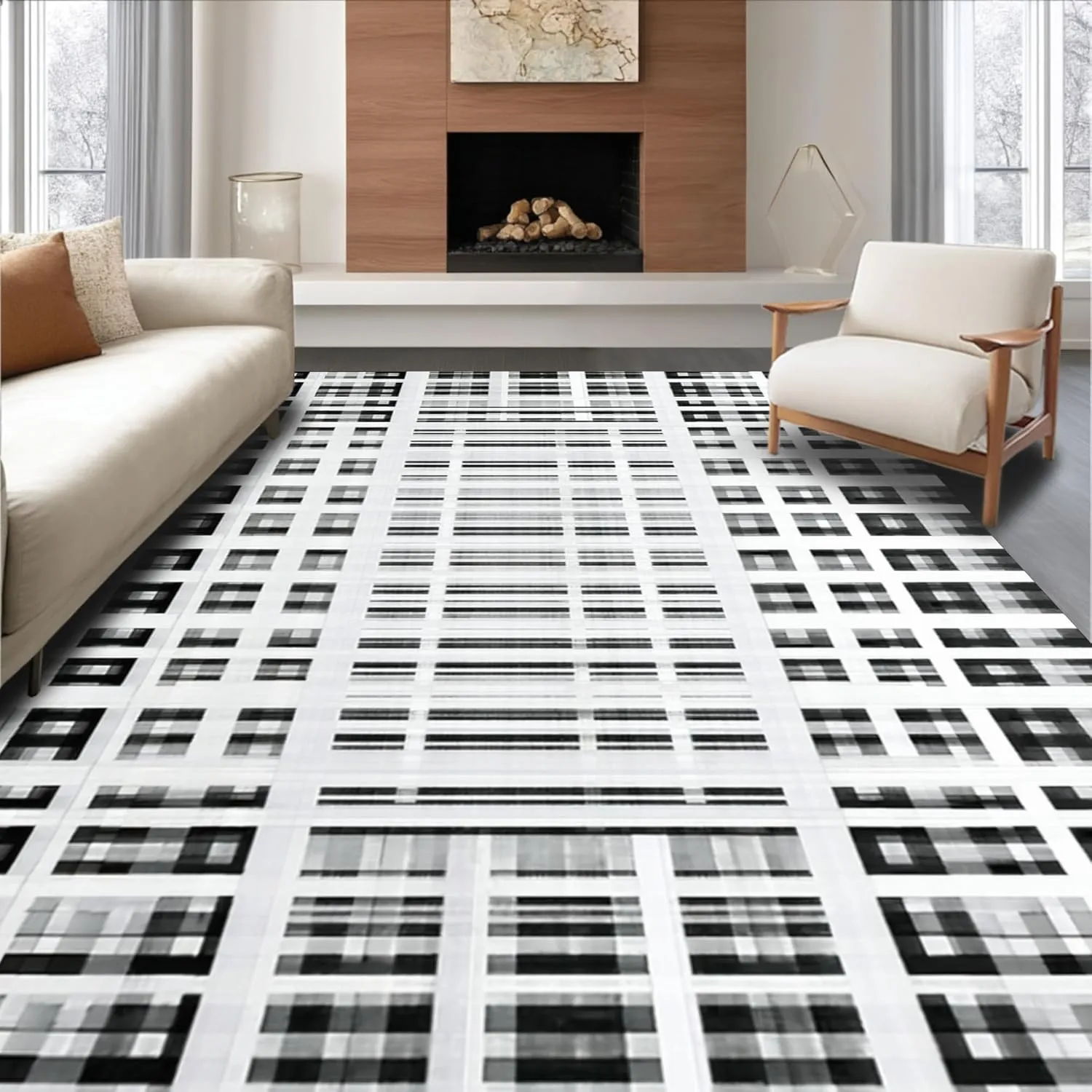 Ultra Soft Area Rug 3x5, Non Slip, Stain Resistant, Washable Area Rugs for Living Room, Bedroom, Striped Rug with Contemporary Black-White Patterned Lines and Graphic Edge (Gray, 3x5)