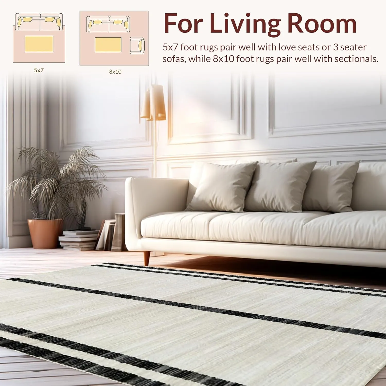 Ultra Soft Area Rug 6x9, Non Slip, Stain Resistant, Washable Area Rugs for Living Room, Bedroom, Sleek Striped Rug with High Contrast Linear Bands and Refined Edges (Beige, 6x9)