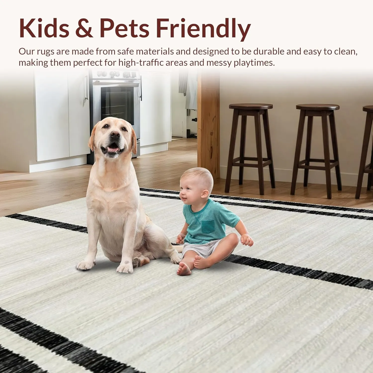 Ultra Soft Area Rug 6x9, Non Slip, Stain Resistant, Washable Area Rugs for Living Room, Bedroom, Sleek Striped Rug with High Contrast Linear Bands and Refined Edges (Beige, 6x9)