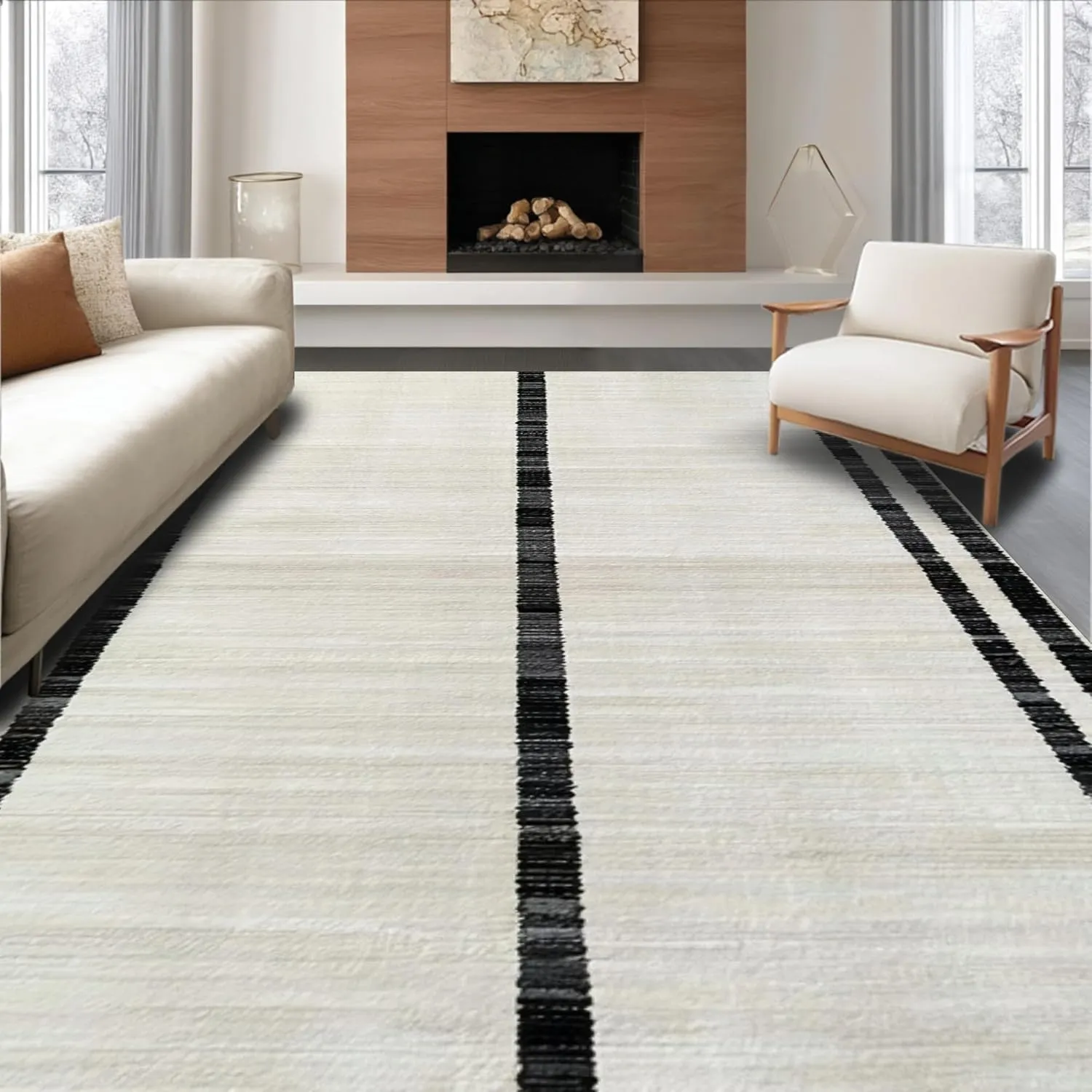 Ultra Soft Area Rug 6x9, Non Slip, Stain Resistant, Washable Area Rugs for Living Room, Bedroom, Sleek Striped Rug with High Contrast Linear Bands and Refined Edges (Beige, 6x9)