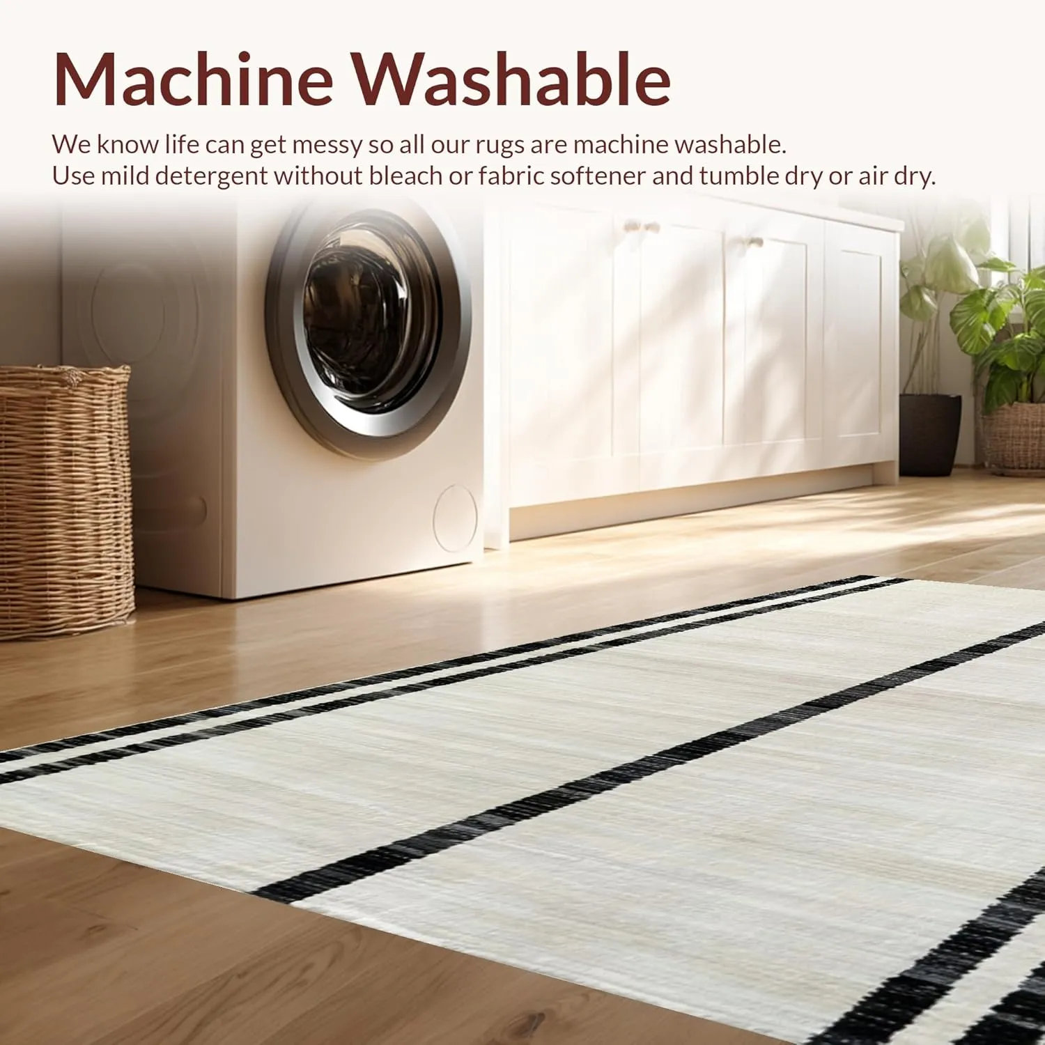 Ultra Soft Area Rug 6x9, Non Slip, Stain Resistant, Washable Area Rugs for Living Room, Bedroom, Sleek Striped Rug with High Contrast Linear Bands and Refined Edges (Beige, 6x9)