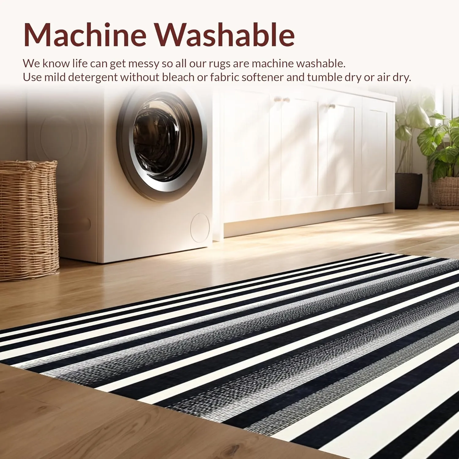 Ultra Soft Area Rug 6x9, Non Slip, Stain Resistant, Washable Area Rugs for Living Room, Bedroom, Urban Edge Rug Showcasing Sleek Pinstripe Graphics and Monochrome Wave Elements (Black, 6x9)