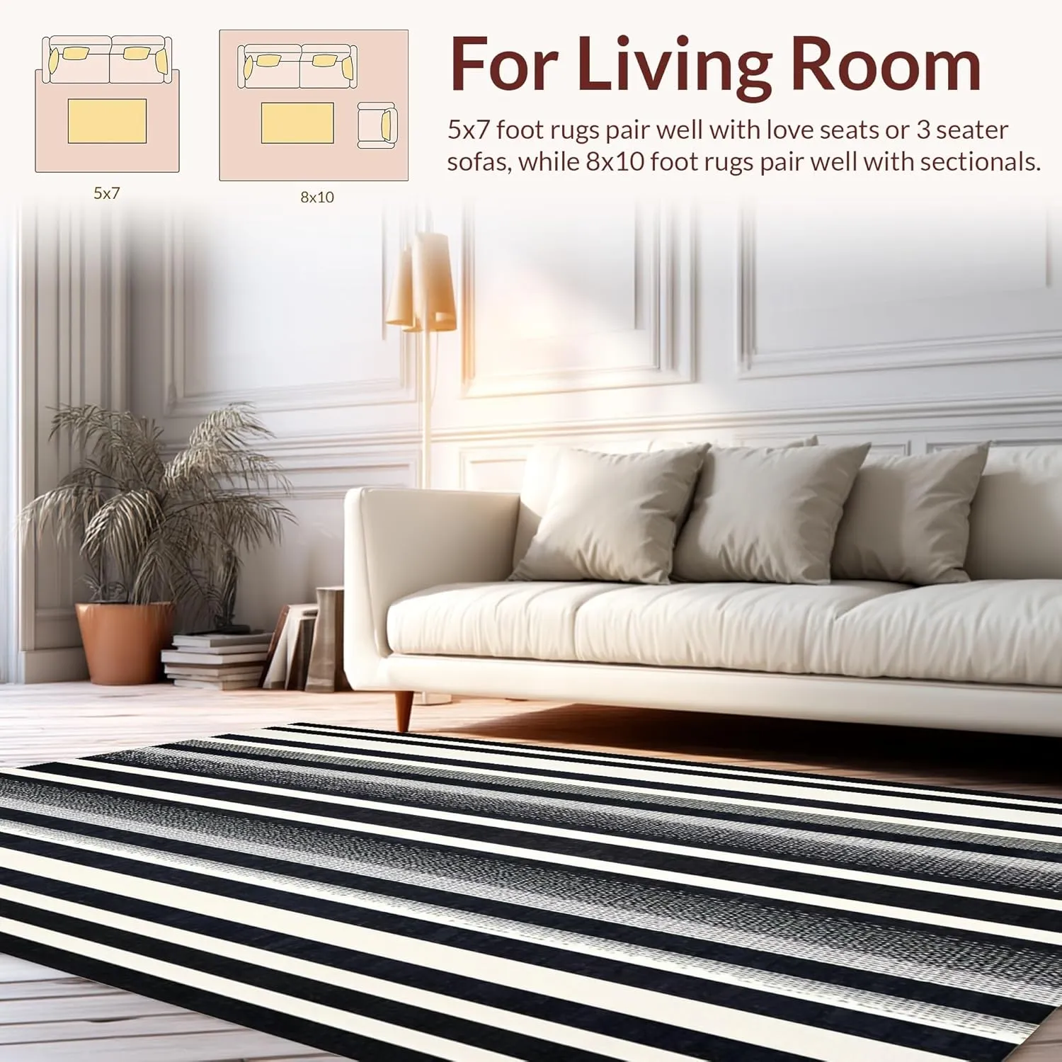 Ultra Soft Area Rug 6x9, Non Slip, Stain Resistant, Washable Area Rugs for Living Room, Bedroom, Urban Edge Rug Showcasing Sleek Pinstripe Graphics and Monochrome Wave Elements (Black, 6x9)
