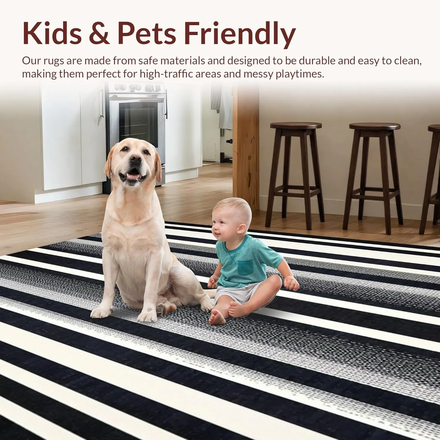 Ultra Soft Area Rug 6x9, Non Slip, Stain Resistant, Washable Area Rugs for Living Room, Bedroom, Urban Edge Rug Showcasing Sleek Pinstripe Graphics and Monochrome Wave Elements (Black, 6x9)