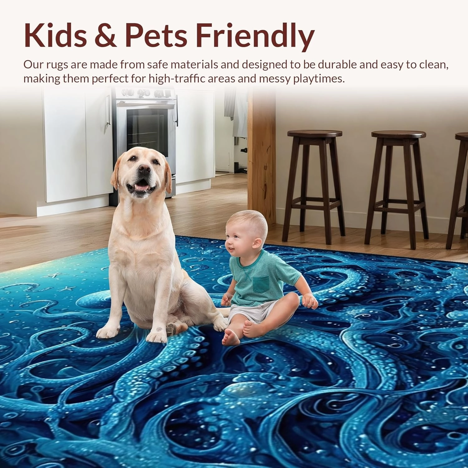 Ultra Soft Area Rug 2x3, Non Slip, Stain Resistant, Washable Area Rugs for Living Room, Bedroom, Nautical Octopus Motif Rug with Starfish Embossed Design and Instant-Dry Finish (Blue, 2x3)