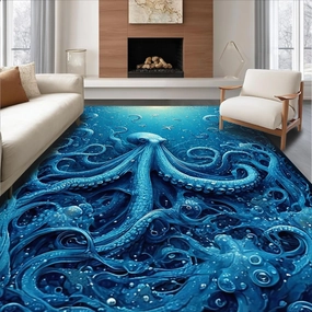 Ultra Soft Area Rug 2x3, Non Slip, Stain Resistant, Washable Area Rugs for Living Room, Bedroom, Nautical Octopus Motif Rug with Starfish Embossed Design and Instant-Dry Finish (Blue, 2x3)