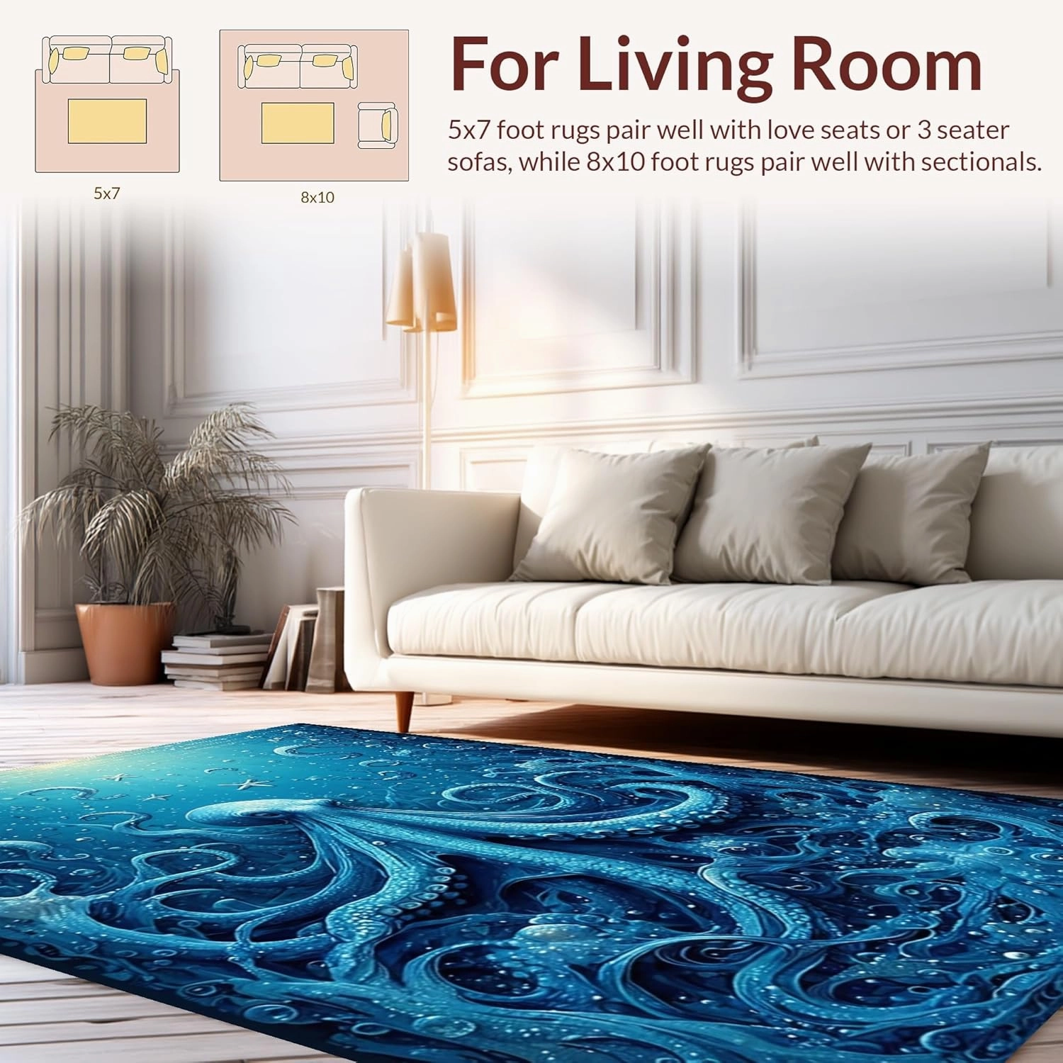 Ultra Soft Area Rug 2x3, Non Slip, Stain Resistant, Washable Area Rugs for Living Room, Bedroom, Nautical Octopus Motif Rug with Starfish Embossed Design and Instant-Dry Finish (Blue, 2x3)