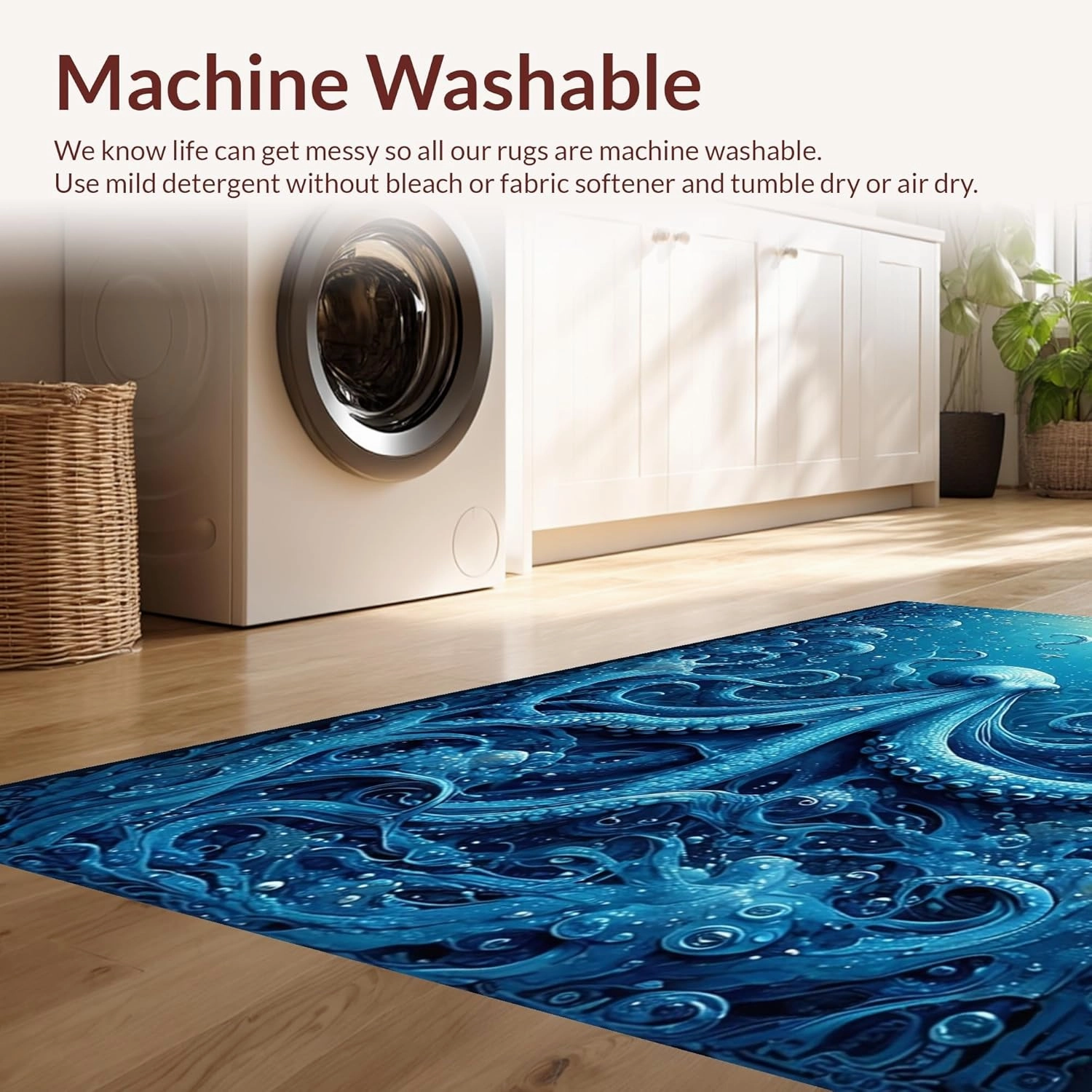 Ultra Soft Area Rug 2x3, Non Slip, Stain Resistant, Washable Area Rugs for Living Room, Bedroom, Nautical Octopus Motif Rug with Starfish Embossed Design and Instant-Dry Finish (Blue, 2x3)