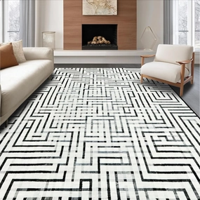 Ultra Soft Area Rug 4x6, Non Slip, Stain Resistant, Washable Area Rugs for Living Room, Bedroom, Industrial Edge Rug Showcasing Sleek Parallel Stripes and Artistic Line Play (White, 4x6)
