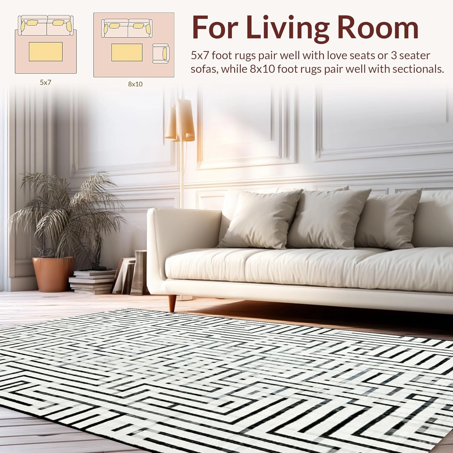 Ultra Soft Area Rug 4x6, Non Slip, Stain Resistant, Washable Area Rugs for Living Room, Bedroom, Industrial Edge Rug Showcasing Sleek Parallel Stripes and Artistic Line Play (White, 4x6)