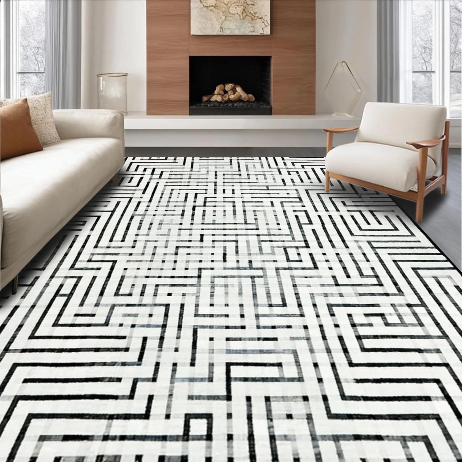 Ultra Soft Area Rug 4x6, Non Slip, Stain Resistant, Washable Area Rugs for Living Room, Bedroom, Industrial Edge Rug Showcasing Sleek Parallel Stripes and Artistic Line Play (White, 4x6)