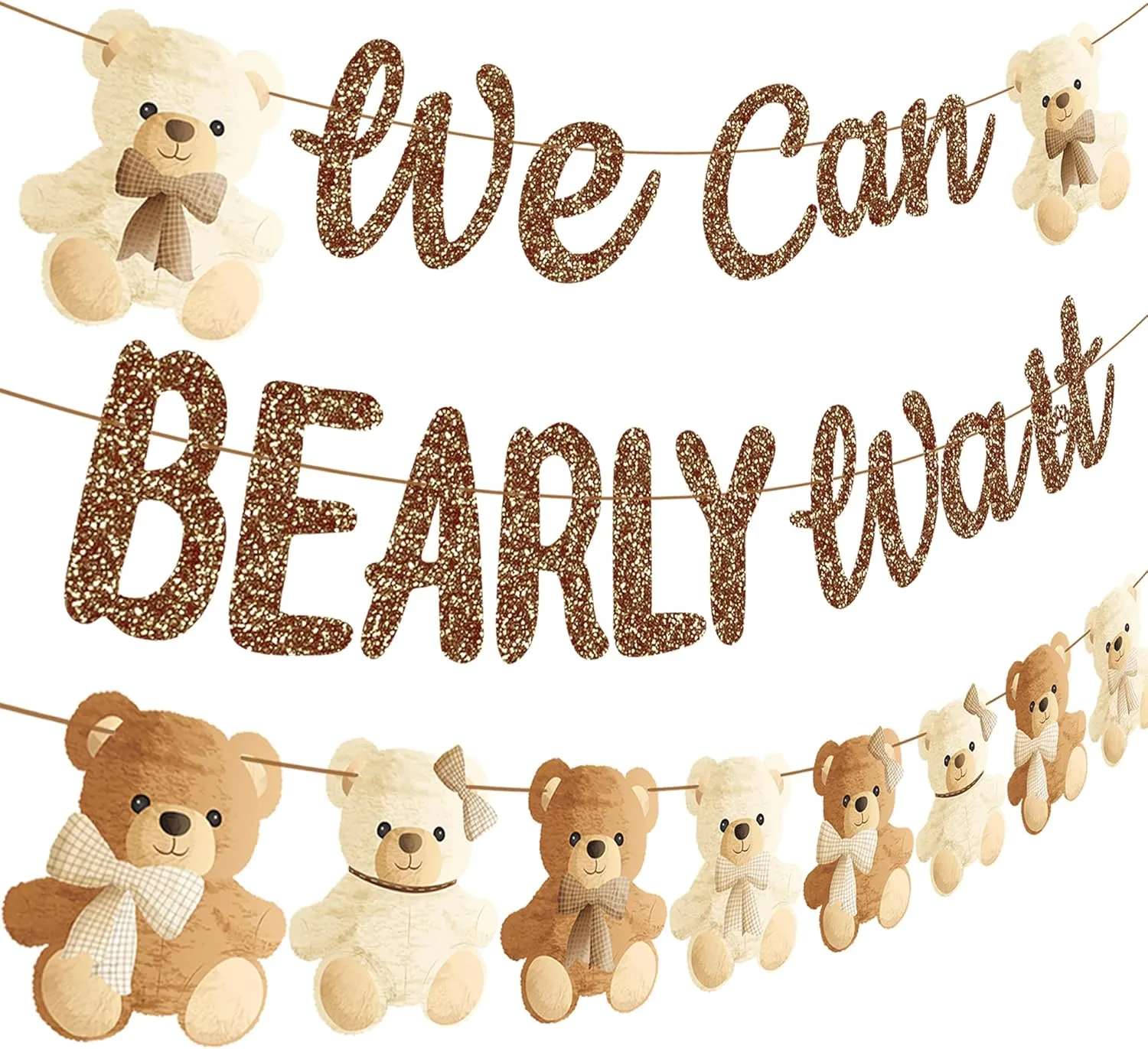 umoni Teddy Bear Banner, We Can Bearly Wait, Brown Glitter, Baby Shower Decorations, Gender Reveal Party Supplies, 19.0x70.0 inches